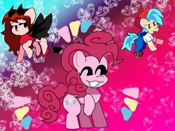 Size: 2048x1536 | Tagged: safe, artist:dzzarz, derpibooru import, pinkie pie, demon, demon pony, earth pony, original species, pony, boyfriend and girlfriend, cap, clothes, crossover, demon horns, demon wings, devil tail, dress, emanata, eyes closed, female, friday night funkin', hat, high heels, horns, image, jpeg, male, mare, pants, raised hoof, shirt, shoes, smiling, stallion, tail, wings