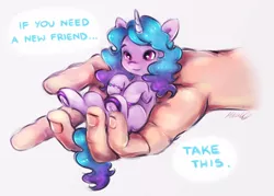 Size: 2422x1738 | Tagged: safe, artist:buttersprinkle, derpibooru import, izzy moonbow, pony, unicorn, my little pony: a new generation, buttersprinkle is trying to murder us, cute, dialogue, g5, hand, hi new friend, image, in goliath's palm, it's dangerous to go alone, izzybetes, offscreen character, offscreen human, png, simple background, size difference, take this, teacup pony, text, tiny, tiny ponies, weapons-grade cute