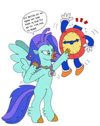Size: 2448x3054 | Tagged: safe, artist:supahdonarudo, derpibooru import, oc, oc:sea lilly, unofficial characters only, classical hippogriff, hippogriff, angry, animate object, atg 2022, camera, clock, dialogue, fist, image, jewelry, necklace, newbie artist training grounds, png, pun, simple background, speech bubble, standing, text, threatening, transparent background, visual pun
