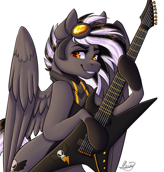 Size: 2000x2091 | Tagged: safe, artist:mxiiisy, derpibooru import, oc, oc:zephyr corax, oc:zephyrai, unofficial characters only, pegasus, pony, black and white mane, clothes, cutie mark, furrowed brow, goggles, gray coat, guitar, halfbody, image, jpeg, music, musical instrument, scarf, simple background, smiling, smirk, solo, spread wings, standing, teeth, transparent background, wings, yellow eyes