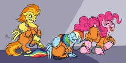 Size: 3439x1719 | Tagged: safe, artist:aversiespabilas, derpibooru import, clothes, commission, cuffs, image, never doubt rainbowdash69's involvement, png, prison outfit, prisoner, prisoner pp, prisoner rd, shackles, trio, wing cuffs