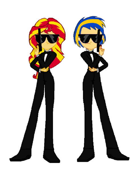 Size: 808x1000 | Tagged: safe, artist:mlpfan3991, derpibooru import, sunset shimmer, oc, oc:flare spark, equestria girls, clothes, duo, duo female, female, gun, image, png, simple background, sunglasses, transparent background, tuxedo, weapon