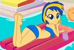 Size: 1280x869 | Tagged: suggestive, artist:mlpfan3991, derpibooru import, oc, oc:flare spark, unofficial characters only, equestria girls, barefoot, clothes, feet, female, image, jpeg, solo, solo female, swimming pool, swimsuit
