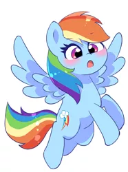 Size: 2273x3055 | Tagged: safe, artist:leo19969525, derpibooru import, rainbow dash, pegasus, pony, blushing, cutie mark, female, flying, g4, image, jpeg, mane, mare, multicolored hair, open mouth, pink eyes, rainbow hair, rainbow tail, simple background, solo, spread wings, tail, white background, wings