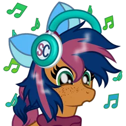 Size: 800x800 | Tagged: safe, artist:favitwink, derpibooru import, oc, oc:solar comet, unofficial characters only, 60 fps, animated, animated png, bow, bust, commission, eyes closed, eyes open, freckles, hair bow, happy, headbob, headphones, image, loop, music notes, perfect loop, png, portrait, show accurate, simple background, smiling, solo, transparent background, your character here