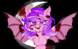 Size: 3780x2362 | Tagged: semi-grimdark, artist:yuerain sparkle, derpibooru import, oc, oc:candlelight warmth, unofficial characters only, bat pony, pony, bat wings, blood, chest fluff, fangs, female, image, looking at you, mare, moon, night, open mouth, png, raised hoof, solo, wings