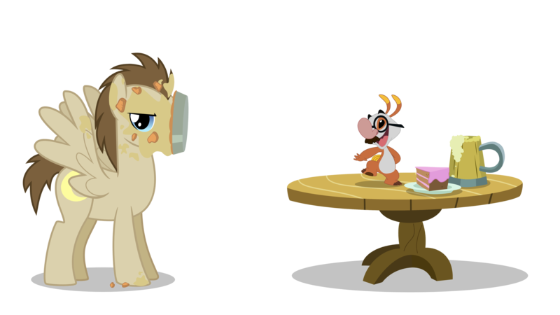 Size: 3265x1837 | Tagged: safe, artist:chainchomp2, artist:daydreamsyndrom, artist:rstfactory, artist:vectorshy, derpibooru import, crescent pony, hermes (character), mane moon, pegasus, birthday, cake, cider mug, crescent moon, crossover, experiment 113, food, image, lilo and stitch, moon, mug, pie, png, splat, stitch, table, unamused