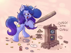 Size: 2000x1508 | Tagged: safe, artist:nedemai, derpibooru import, oc, pony, unicorn, atg 2022, baseball bat, clock, image, jpeg, newbie artist training grounds, smashing, solo