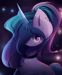Size: 1900x2300 | Tagged: safe, artist:miryelis, derpibooru import, izzy moonbow, pony, unicorn, accessories, big ears, choker, ear piercing, g5, goth, goth izzy, gothic, gradient mane, horn, image, long hair, looking at you, piercing, png, ponytail, signature, simple background, solo