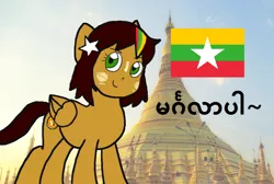 Size: 1024x688 | Tagged: safe, derpibooru import, oc, oc:mohinga, ponified, pegasus, pony, burmese, image, myanmar, nation ponies, png, solo, thanaka, yangon