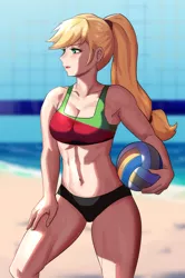 Size: 800x1207 | Tagged: suggestive, artist:tzc, derpibooru import, applejack, human, abs, beach, belly button, bikini, breasts, busty applejack, cleavage, clothes, humanized, image, midriff, ocean, png, ponytail, sports, swimsuit, volleyball, water