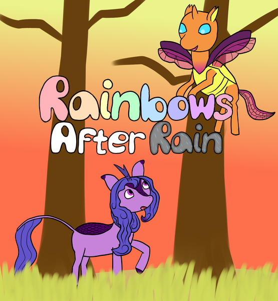 Size: 1342x1452 | Tagged: safe, artist:nitro indigo, derpibooru import, izzy moonbow, sunny starscout, changedling, changeling, kirin, fanfic, fanfic:rainbows after rain, changedlingified, fanfic art, fanfic cover, g5, image, kirinified, png, simple background, species swap, sunset