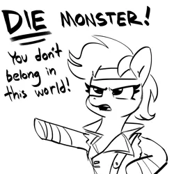 Size: 2250x2250 | Tagged: safe, artist:tjpones, derpibooru import, rainbow dash, pegasus, pony, black and white, castlevania, dialogue, die monster, female, grayscale, image, mare, monochrome, png, pointing, richter belmont, simple background, sketch, solo, white background