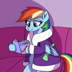 Size: 2000x2000 | Tagged: safe, artist:artevi, derpibooru import, rainbow dash, pegasus, pony, atg 2022, bathrobe, clothes, cute, dashabetes, folded wings, image, meme, newbie artist training grounds, png, reading, robe, solo, stonks, wings