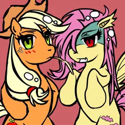 Size: 758x758 | Tagged: safe, artist:ponysprinkles, derpibooru import, applejack, fluttershy, bat pony, earth pony, pony, semi-anthro, applejack's hat, bat ponified, bat wings, cowboy hat, duo, duo female, female, flutterbat, food, freckles, hair over one eye, hat, hoof on hip, image, jpeg, looking at you, mare, open mouth, race swap, simple background, straw in mouth, wheat, wings