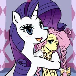 Size: 732x732 | Tagged: safe, artist:ponysprinkles, derpibooru import, fluttershy, rarity, pony, unicorn, carousel boutique, duo, duo female, female, horn, image, jpeg, mare, one eye closed, open mouth, open smile, smiling