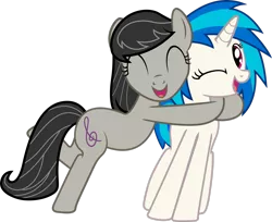 Size: 2711x2213 | Tagged: safe, artist:rainbowplasma, derpibooru import, octavia melody, vinyl scratch, earth pony, pony, unicorn, .ai available, ^^, duo, eyes closed, female, high res, hug, image, mare, one eye closed, open mouth, png, simple background, transparent background, vector, wink