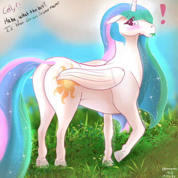 Size: 3000x3000 | Tagged: safe, artist:enonnnymous, derpibooru import, princess celestia, pony, /sun/, butt, caught, eating, exclamation point, female, grass, grazing, hoers, horses doing horse things, image, looking back, mare, offscreen character, plot, png, solo