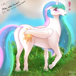 Size: 3000x3000 | Tagged: safe, artist:enonnnymous, derpibooru import, princess celestia, pony, /sun/, butt, caught, eating, exclamation point, female, grass, grazing, hoers, horses doing horse things, image, looking back, mare, offscreen character, plot, png, solo