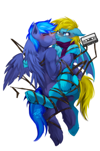 Size: 2760x4154 | Tagged: safe, artist:bluebel, derpibooru import, oc, oc:proffy floyd, oc:solaris spark, unofficial characters only, bat pony, pegasus, pony, blushing, bound together, cassette tape, eyes closed, image, png, scrunchy face, simple background, tangled up, transparent background