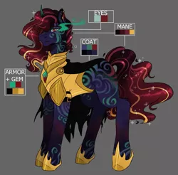 Size: 913x897 | Tagged: safe, artist:ocmakerarichan, derpibooru import, oc, unofficial characters only, pony, unicorn, armor, coat markings, color palette, gray background, image, male, offspring, parent:king sombra, parent:nightmare moon, parents:sombramoon, png, simple background, solo, sombra eyes, stallion