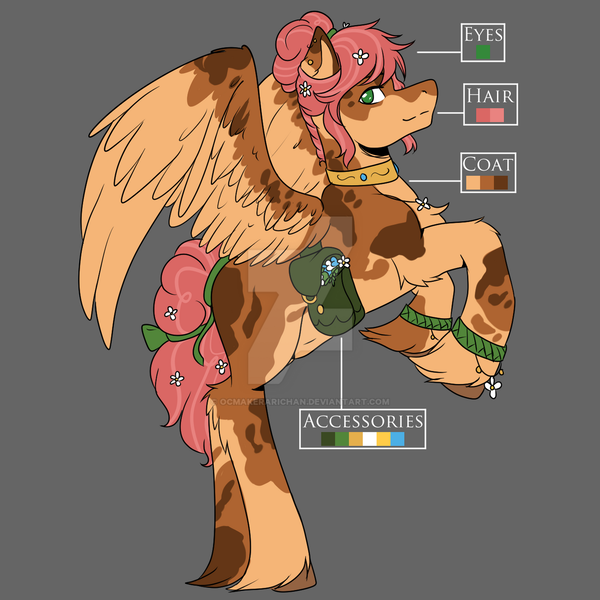 Size: 1280x1280 | Tagged: safe, artist:ocmakerarichan, derpibooru import, oc, unofficial characters only, pegasus, pony, bag, coat markings, color palette, deviantart watermark, flower, flower in hair, gray background, image, large wings, male, obtrusive watermark, offspring, parent:big macintosh, parent:fluttershy, parents:fluttermac, png, rearing, saddle bag, simple background, solo, stallion, unshorn fetlocks, watermark, wings