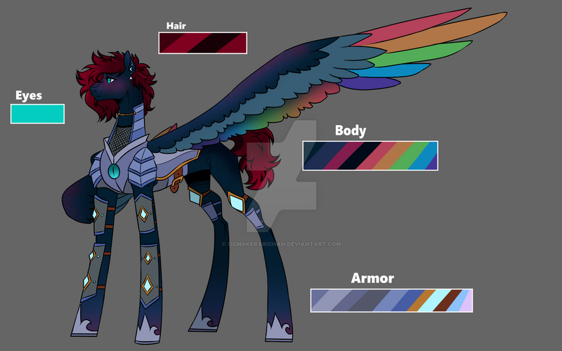 Size: 1280x800 | Tagged: safe, artist:ocmakerarichan, derpibooru import, oc, unofficial characters only, pegasus, pony, armor, blushing, color palette, colored wings, deviantart watermark, ear piercing, earring, female, gray background, image, jewelry, large wings, magical lesbian spawn, mare, multicolored wings, obtrusive watermark, offspring, one wing out, parent:princess luna, parent:rainbow dash, parents:lunadash, piercing, png, rainbow wings, simple background, solo, watermark, wings
