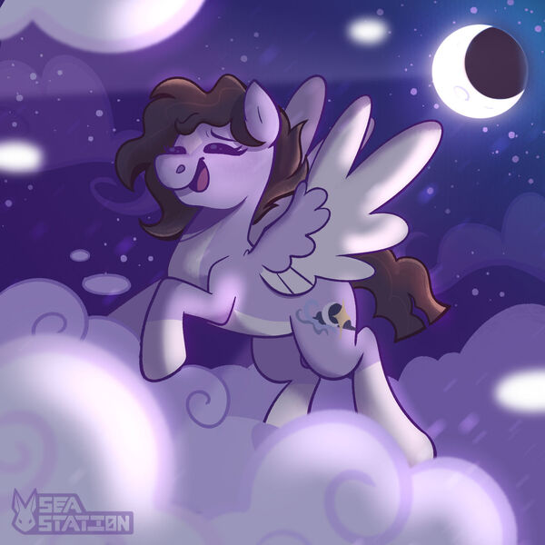 Size: 1280x1280 | Tagged: safe, artist:seasemissary, derpibooru import, oc, pegasus, pony, cloud, female, image, jpeg, mare, moon, solo