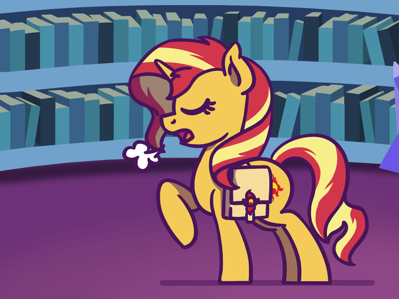 Size: 1800x1350 | Tagged: safe, artist:flutterluv, derpibooru import, part of a set, sunset shimmer, pony, unicorn, atg 2022, bag, bookshelf, eyes closed, image, jpeg, library, newbie artist training grounds, part of a series, raised hoof, saddle bag, solo