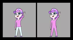 Size: 1940x1080 | Tagged: safe, artist:happy harvey, derpibooru import, princess flurry heart, human, equestria girls, child, clothes, drawn on phone, gray background, image, looking up, missing teeth, onesie, pajamas, png, simple background, slippers, tooth gap, waving