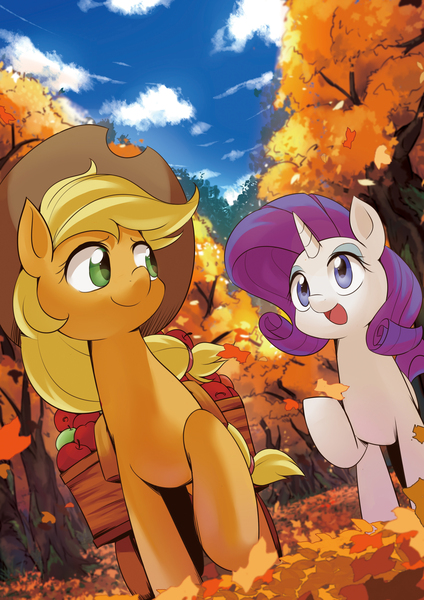 Size: 2480x3507 | Tagged: safe, artist:caibaoreturn, derpibooru import, part of a set, applejack, rarity, earth pony, pony, unicorn, apple, apple cart, autumn, female, food, hat, image, jpeg, leaves, looking back, mare, open mouth, pixiv, scenery, smiling, tree