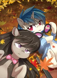 Size: 2374x3260 | Tagged: safe, artist:aymint, derpibooru import, part of a set, octavia melody, vinyl scratch, earth pony, pony, unicorn, autumn, autumn leaves, bowtie, cello, clothes, duo, female, image, jpeg, leaf, leaves, lying down, mare, musical instrument, on back, underhoof