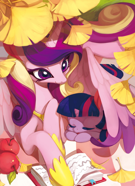 Size: 6030x8280 | Tagged: safe, artist:ciciya, derpibooru import, part of a set, princess cadance, twilight sparkle, alicorn, pony, unicorn, apple, autumn, book, cuddling, cute, daaaaaaaaaaaw, eyes closed, female, filly, filly twilight sparkle, foal, food, ginko, hug, image, jpeg, leaf, lying down, mare, nap, pixiv, prone, seasons, sleeping, smiling, snuggling, sweet dreams fuel, twiabetes, unicorn twilight, winghug, wings, younger