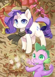 Size: 2460x3470 | Tagged: safe, artist:shepherd0821, derpibooru import, rarity, spike, dragon, pony, unicorn, autumn, beret, clothes, cute, fainting couch, female, food, hat, image, jpeg, leaves, male, mare, potato, scarf, seasons