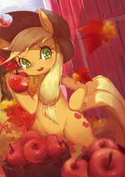 Size: 3508x4961 | Tagged: safe, artist:wtcolor, derpibooru import, part of a set, applejack, earth pony, pony, apple, autumn, bipedal, female, food, hoof on hip, image, jpeg, leaf, leaves, mare, pixiv, solo