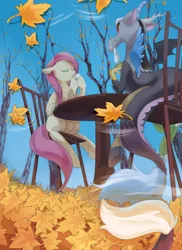 Size: 2374x3259 | Tagged: safe, artist:夜少, derpibooru import, part of a set, discord, fluttershy, draconequus, pegasus, pony, autumn, chair, cup, cute, drinking, duo, eyes closed, floppy ears, food, image, jpeg, leaves, reflection, smiling, table, tea, teacup