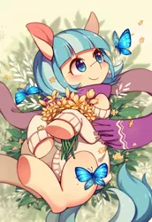 Size: 2031x2952 | Tagged: safe, artist:huaineko, derpibooru import, coco pommel, butterfly, earth pony, insect, pony, blushing, clothes, cocobetes, cute, female, flower, image, jpeg, mare, pixiv, scarf, smiling, solo, sweater