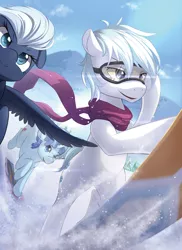 Size: 2374x3260 | Tagged: safe, artist:aymint, derpibooru import, part of a set, double diamond, night glider, party favor, earth pony, pegasus, pony, unicorn, clothes, cloud, crepuscular rays, female, flying, goggles, image, jpeg, male, mare, mountain, open mouth, scarf, skiing, skis, sky, smiling, snow, snowboard, snowboarding, spread wings, stallion, trio, wings, winter