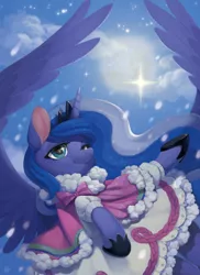 Size: 6030x8280 | Tagged: safe, artist:ciciya, derpibooru import, part of a set, princess luna, alicorn, pony, clothes, dress, female, image, jpeg, mare, pixiv, smiling, snow, snowfall, solo, winter