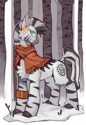 Size: 2031x2952 | Tagged: safe, artist:knifedragon, derpibooru import, part of a set, zecora, zebra, forest, image, jpeg, looking at you, snow, solo, tree, winter