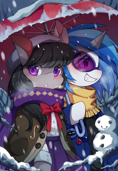 Size: 2031x2952 | Tagged: safe, artist:huaineko, derpibooru import, octavia melody, vinyl scratch, pony, bipedal, blushing, clothes, colored pupils, female, image, jpeg, lesbian, looking back, phone wallpaper, pixiv, scratchtavia, shipping, snow, snowfall, snowman, sunglasses, umbrella, walking, winter