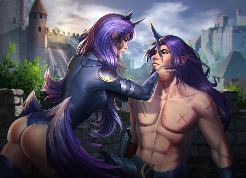 Size: 1920x1386 | Tagged: suggestive, artist:conquartist, derpibooru import, princess luna, oc, oc:azure night, human, absurd resolution, armor, azuna, butt, canon x oc, castle, commission, couple, duo, facial hair, female, hand on cheek, hip wings, horn, horned humanization, humanized, image, jpeg, looking into each others eyes, male, moonbutt, pointed ears, scar, winged humanization, wings, ych result