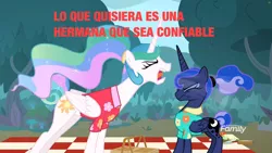 Size: 1280x720 | Tagged: safe, derpibooru import, edit, edited screencap, screencap, princess celestia, princess luna, alicorn, pony, between dark and dawn, season 9, spoiler:s09, alternate hairstyle, angry, everfree forest, eyes closed, female, hair bun, image, jpeg, latin american, picnic, picnic blanket, ponytail, quote, royal sisters, siblings, sisters, spanish