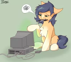 Size: 1600x1400 | Tagged: safe, artist:tx547, derpibooru import, oc, oc:tabootask, unofficial characters only, earth pony, pony, chest fluff, computer, computer mouse, confused, floppy disk, image, jpeg, mouth hold