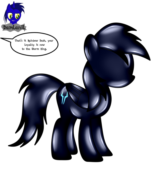 Size: 3840x4154 | Tagged: safe, artist:damlanil, derpibooru import, rainbow dash, latex pony, original species, pegasus, pony, bondage, comic, commission, dialogue, encasement, female, image, latex, latexified, living latex, mare, no eyes, no face, no mouth, offscreen character, png, rubber, rubber drone, rubber suit, shiny, show accurate, simple background, solo, speech bubble, storm king's emblem, story, story included, text, transformation, transparent background, vector, wings