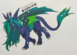 Size: 3149x2250 | Tagged: safe, artist:autumnsfur, artist:autumnsfurart, derpibooru import, queen chrysalis, changeling, dragon, black coat, blue hair, chest fluff, claws, crown, dragon claw, dragon wings, female, full body, g4, green hair, image, jewelry, jpeg, logo, long hair, long tail, looking away, navy coat, pony dragon hybrid, regalia, sharpie, signature, simple background, smiling, smirk, tail, traditional art, walking, wings