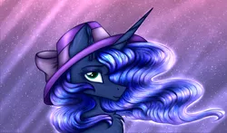 Size: 1989x1173 | Tagged: safe, artist:darklight1315, derpibooru import, princess luna, alicorn, pony, bow, chest fluff, ear fluff, ethereal mane, female, hat, image, looking at you, mare, png, solo, stars