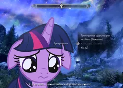Size: 1265x900 | Tagged: safe, artist:ramprover, derpibooru import, twilight sparkle, twilight sparkle (alicorn), alicorn, pony, 3:, :s, cute, cyrillic, dialogue, female, image, looking down, mare, photo, png, puppy dog eyes, russian, sad, sadorable, skyrim, solo, text, the elder scrolls, twiabetes, vector, video game, video game crossover, wavy mouth