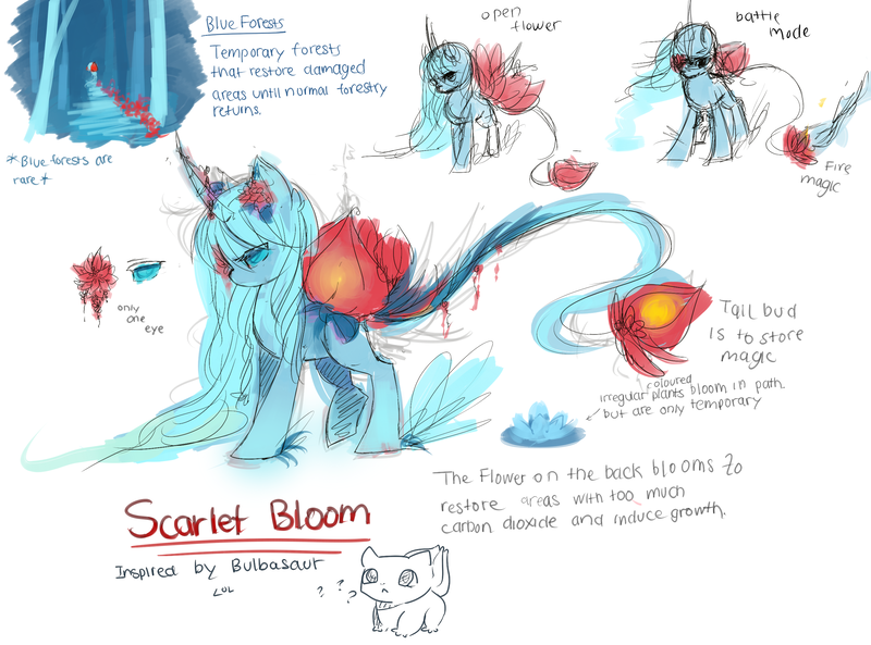 Size: 2700x2000 | Tagged: safe, artist:aquagalaxy, derpibooru import, oc, oc:scarlet bloom, unofficial characters only, original species, pony, unicorn, flower, flower in hair, image, png, reference sheet, sketch, solo