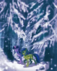 Size: 2000x2500 | Tagged: safe, artist:aquagalaxy, derpibooru import, twilight sparkle, oc, oc:northern wind, pony, unicorn, duo, forest, high res, image, png, solo, tree, walking, winter